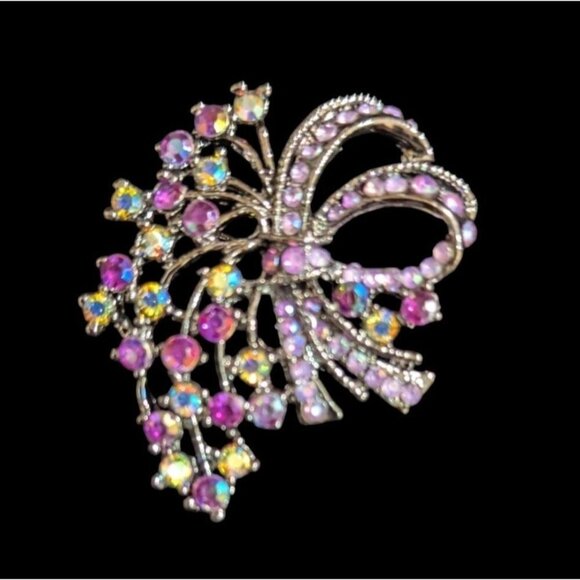 Vintage Rhinestone Floral Brooch Pin Purple & Iridescent Crystals 2" Elegant Bow - Picture 1 of 7